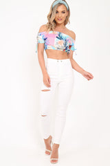 Multi Floral Tie Sleeve Bardot Top - Miana-Crop Tops