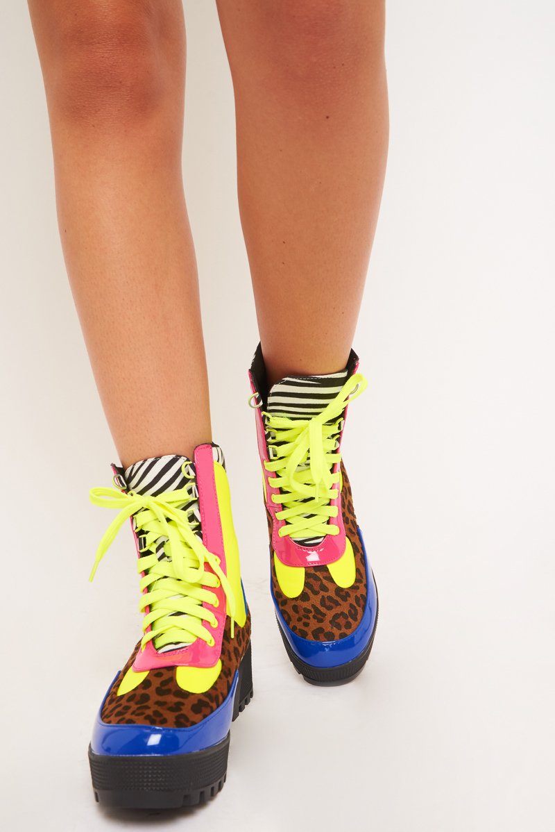 Multi Neon Animal Print Military Style Lace Up Boots - Inari-Boots
