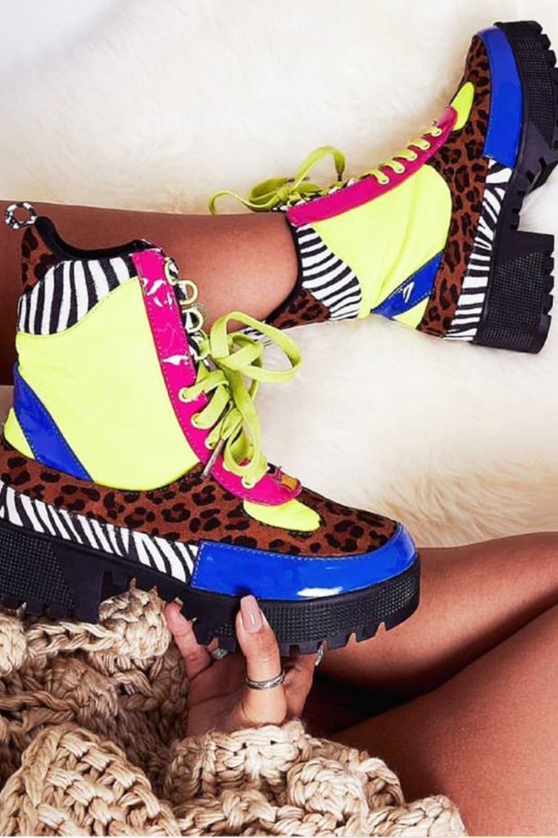 Multi Neon Animal Print Military Style Lace Up Boots - Inari-Boots