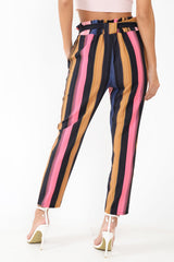 Multi Pink Stripe Tie Waist Tapered Trousers - Midori-Trousers