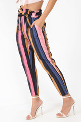 Multi Pink Stripe Tie Waist Tapered Trousers - Midori-Trousers