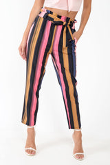 Multi Pink Stripe Tie Waist Tapered Trousers - Midori-Trousers