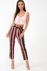 Multi Pink Stripe Tie Waist Tapered Trousers - Midori-Trousers