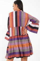 Multi Plunge Aztec Flute Sleeve Shift Dress - Olesya-Dresses