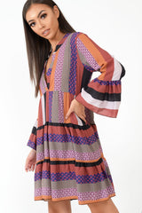 Multi Plunge Aztec Flute Sleeve Shift Dress - Olesya-Dresses