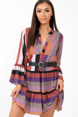 Multi Plunge Aztec Flute Sleeve Shift Dress - Olesya-Dresses