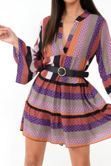 Multi Plunge Aztec Flute Sleeve Shift Dress - Olesya-Dresses