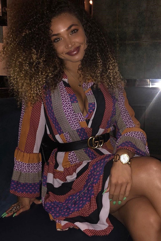 Multi Plunge Aztec Flute Sleeve Shift Dress - Olesya