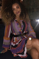 Multi Plunge Aztec Flute Sleeve Shift Dress - Olesya-Dresses