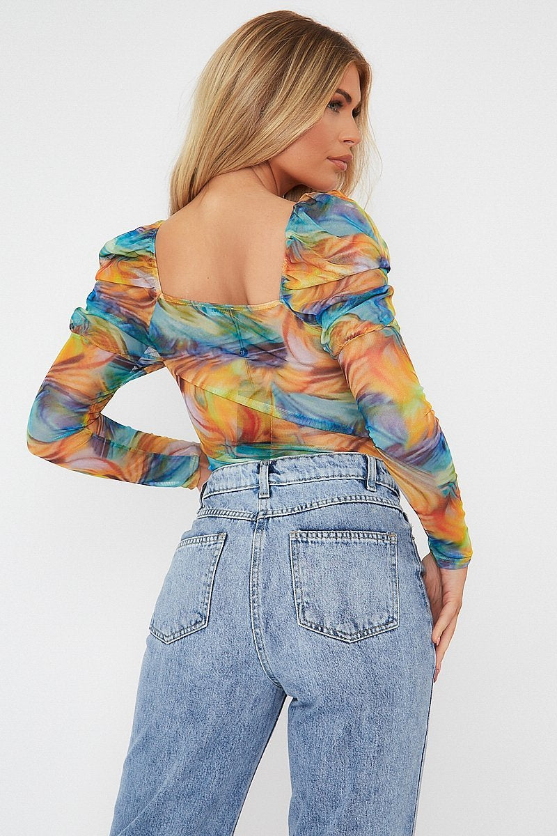 Multi Rainbow Puff Sleeve Bodysuit - Deana-Bodysuits