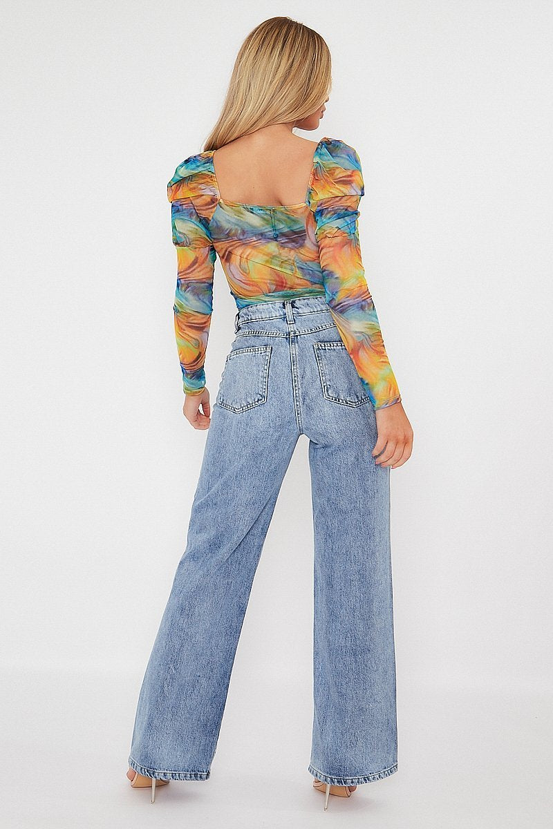 Multi Rainbow Puff Sleeve Bodysuit - Deana-Bodysuits
