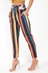 Multi Rust Stripe Tie Waist Tapered Trousers - Midori-Trousers