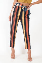 Multi Rust Stripe Tie Waist Tapered Trousers - Midori-Trousers
