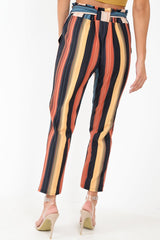 Multi Rust Stripe Tie Waist Tapered Trousers - Midori-Trousers