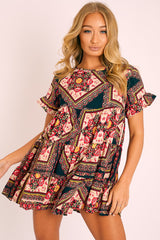 Multi Scarf Print Tiered Smock Dress - Natilea-Dresses