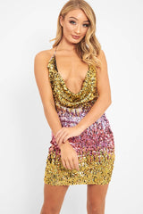 Multi Sequin Halter Cowl Neck Backless Mini Dress - Chloee-Dresses