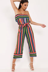 Multi Stripe Bardot Ruffle Culotte Jumpsuit - Yalaina-Jumpsuits