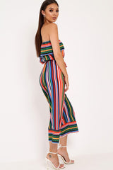Multi Stripe Bardot Ruffle Culotte Jumpsuit - Yalaina-Jumpsuits