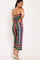 Multi Stripe Bardot Ruffle Culotte Jumpsuit - Yalaina-Jumpsuits