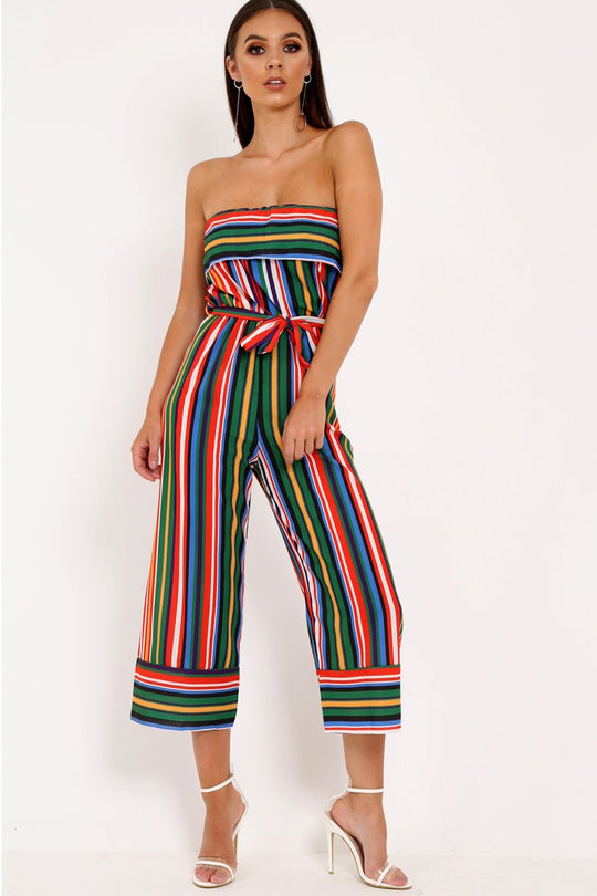 Multi Stripe Bardot Ruffle Culotte Jumpsuit - Yalaina