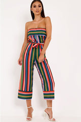 Multi Stripe Bardot Ruffle Culotte Jumpsuit - Yalaina-Jumpsuits