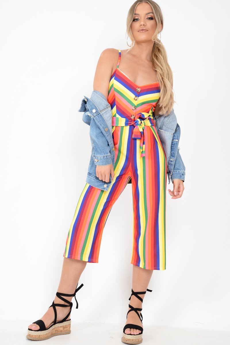 Multi Stripe Button Detail Culotte Jumpsuit - Sapphira-Jumpsuits