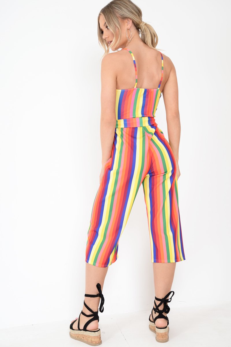 Multi Stripe Button Detail Culotte Jumpsuit - Sapphira-Jumpsuits