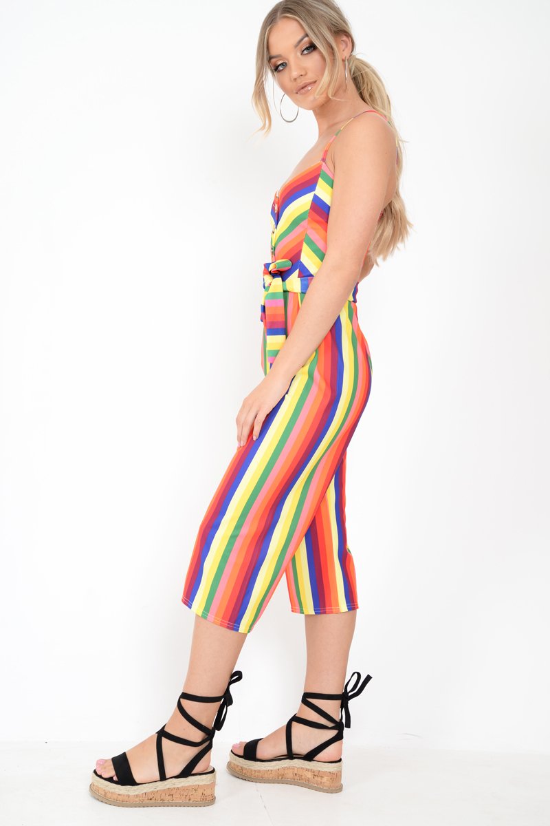 Multi Stripe Button Front Tie Waist Jumpsuit - Tavi-Jumpsuits