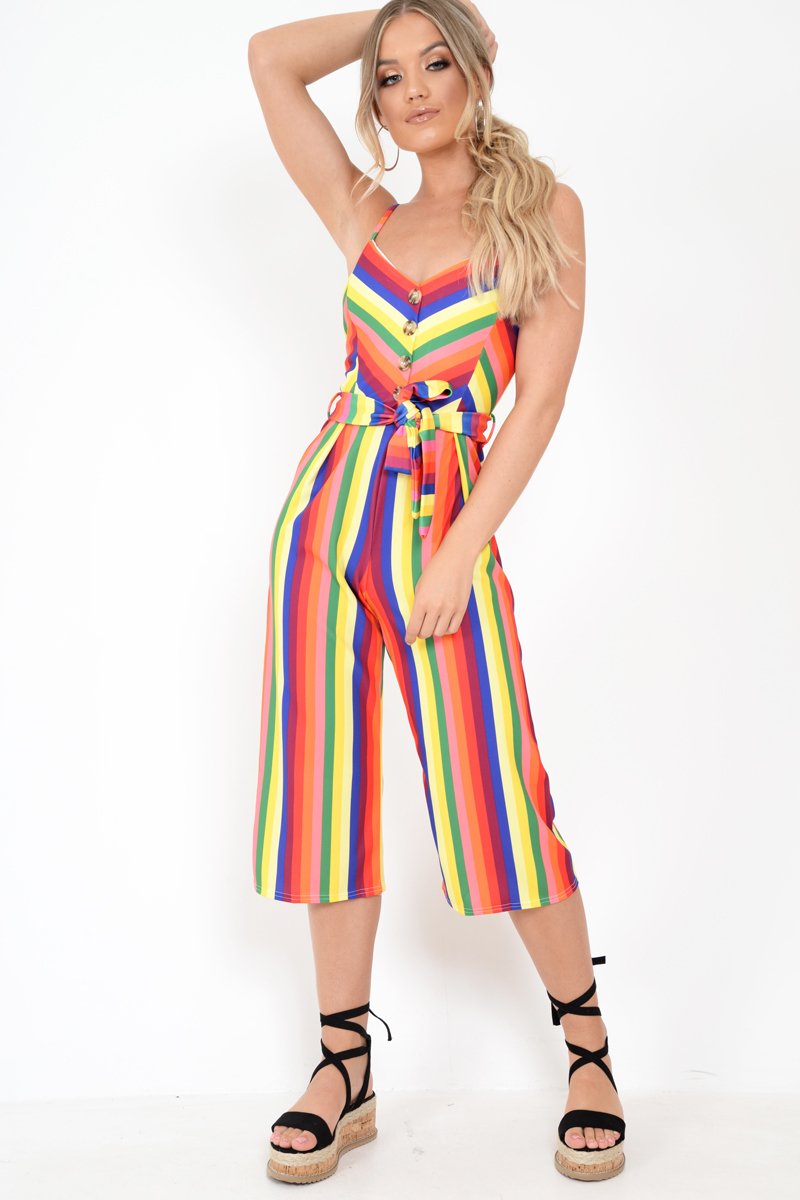 Multi Stripe Button Front Tie Waist Jumpsuit - Tavi-Jumpsuits