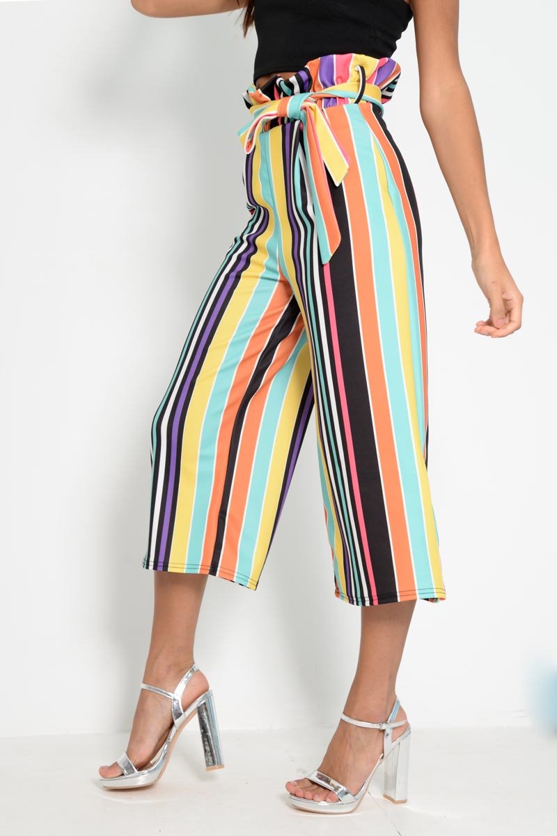 Multi Stripe Paper Bag Tie Waist Culottes - Sada-Trousers