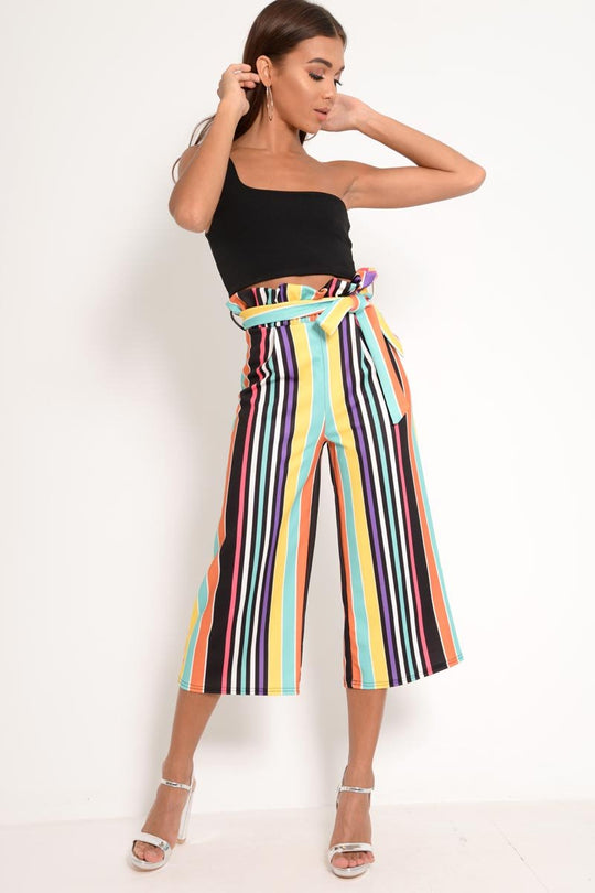 Multi Stripe Paper Bag Tie Waist Culottes - Sada