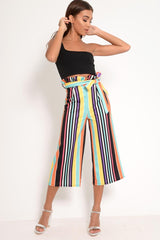 Multi Stripe Paper Bag Tie Waist Culottes - Sada-Trousers