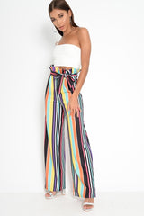 Multi Stripe Paper Bag Tie Waist Wide Leg Trousers - Kennedy-Trousers
