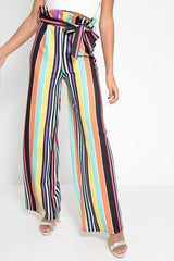 Multi Stripe Paper Bag Tie Waist Wide Leg Trousers - Kennedy-Trousers