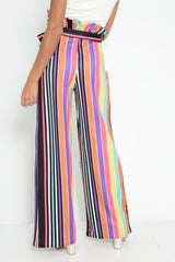 Multi Stripe Paper Bag Tie Waist Wide Leg Trousers - Kennedy-Trousers
