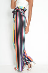 Multi Stripe Paper Bag Tie Waist Wide Leg Trousers - Kennedy-Trousers
