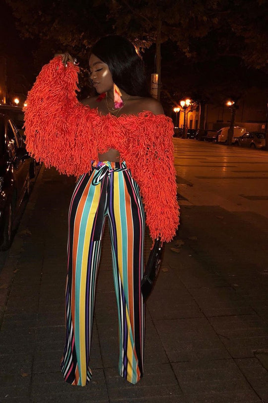 Multi Stripe Paper Bag Tie Waist Wide Leg Trousers - Kennedy