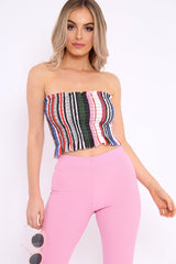 Multi Stripe Shirred Frill Bandeau Crop Top - Camren-Crop Tops