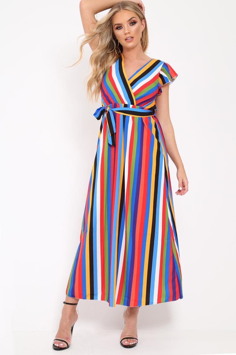 Multi Stripe Tie Waist Maxi Dress -Daveah-Dresses
