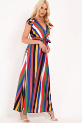 Multi Stripe Wrap Frill Sleeve Maxi Dress - Hyacinth-Dresses