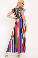 Multi Stripe Wrap Frill Sleeve Maxi Dress - Hyacinth-Dresses