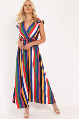 Multi Stripe Wrap Frill Sleeve Maxi Dress - Hyacinth-Dresses