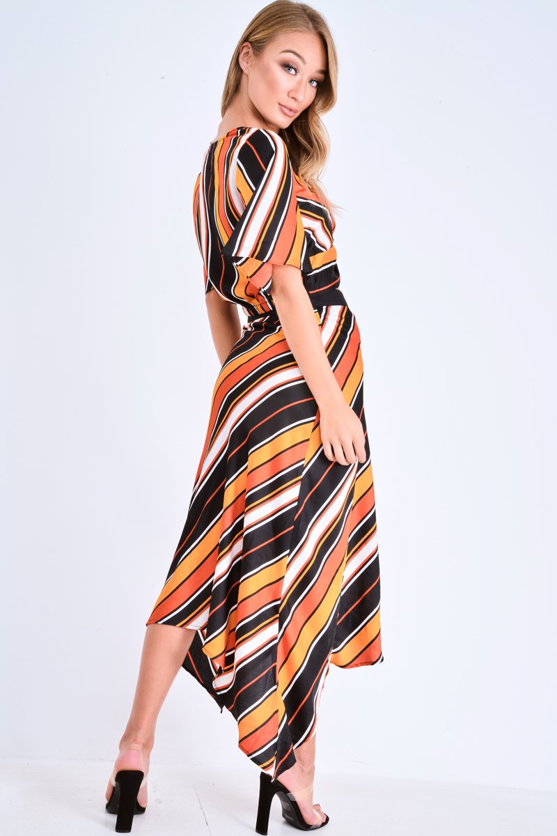 Multi Stripe Wrap Front Crop Top And Belted Midi Skirt Co-ord - Cayli-Co-ords