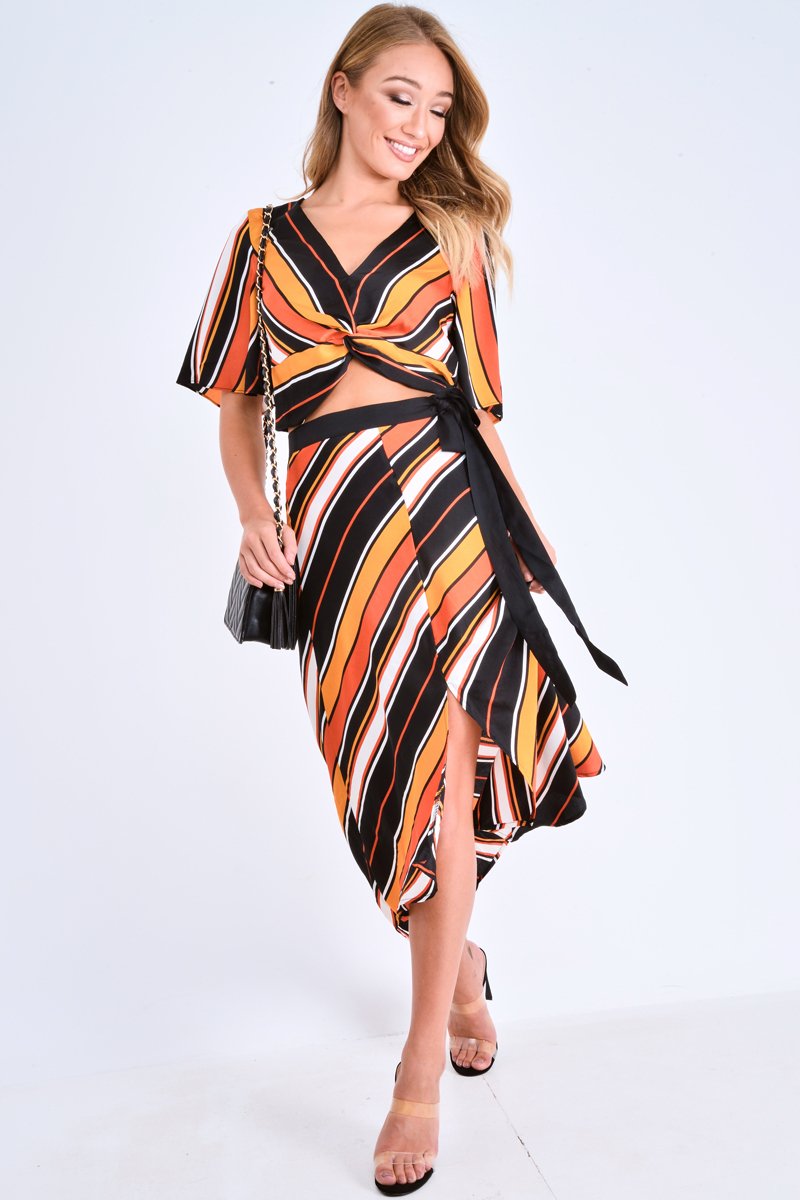 Multi Stripe Wrap Front Crop Top And Belted Midi Skirt Co-ord - Cayli-Co-ords