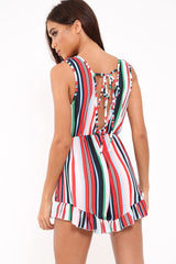 Multi Striped Frill Hem Plunge Playsuit - Keanna-Playsuits
