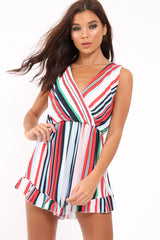 Multi Striped Frill Hem Plunge Playsuit - Keanna-Playsuits