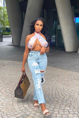 Multi Tie Dye Satin Bandana Halterneck Crop Top - Deja-Crop Tops