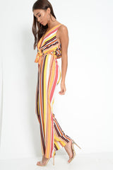 Mustard And Beige Plunge Wide Leg Jumpsuit - Saidi-Jumpsuits