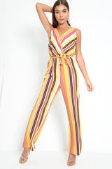 Mustard And Beige Plunge Wide Leg Jumpsuit - Saidi-Jumpsuits