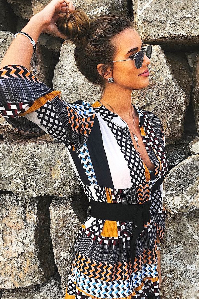 Mustard And Blue Plunge Aztec Flute Sleeve Shift Dress - Olesya-Dresses